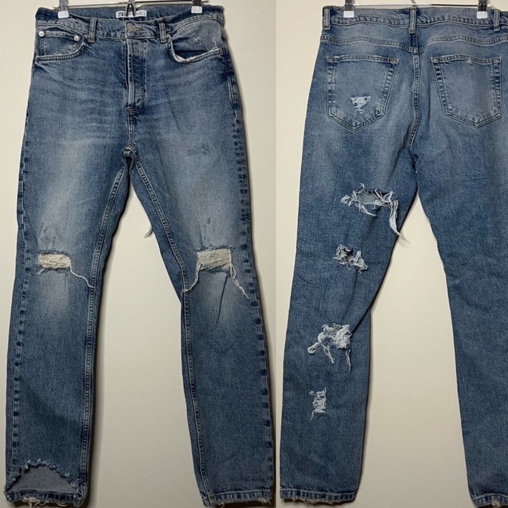 ZARA Distressed Cut Out Shredded Streetwear Fun Medium Wash Straight Leg Jeans